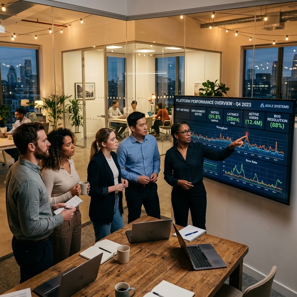 A software engineering team reviewing a live dashboard on a large presentation screen