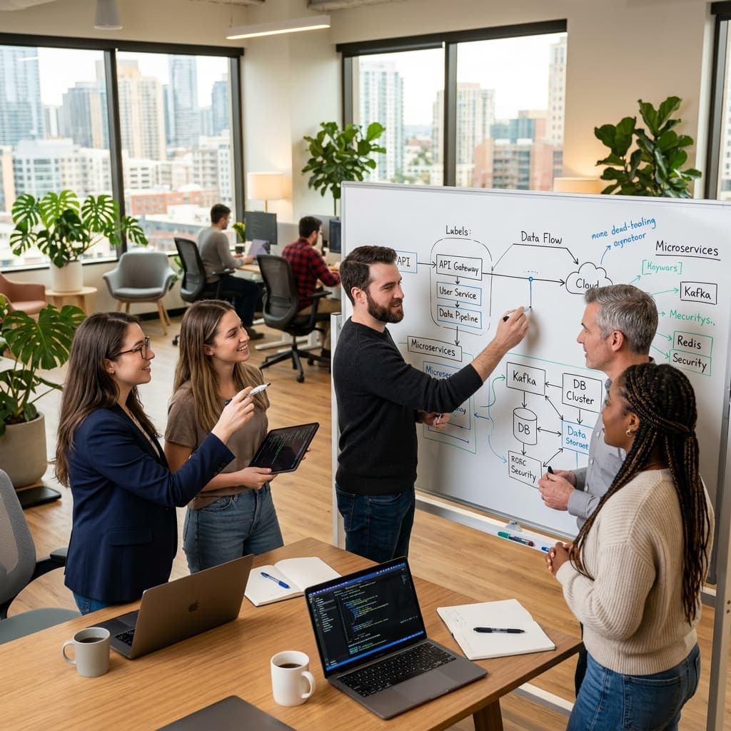A modern software engineering team collaborating on system architecture around a sleek whiteboard