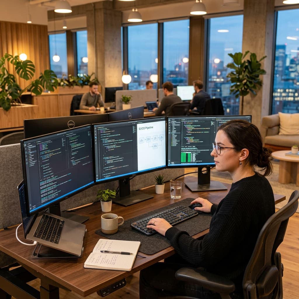A modern software engineer working on code with multiple displays in a sleek office environment