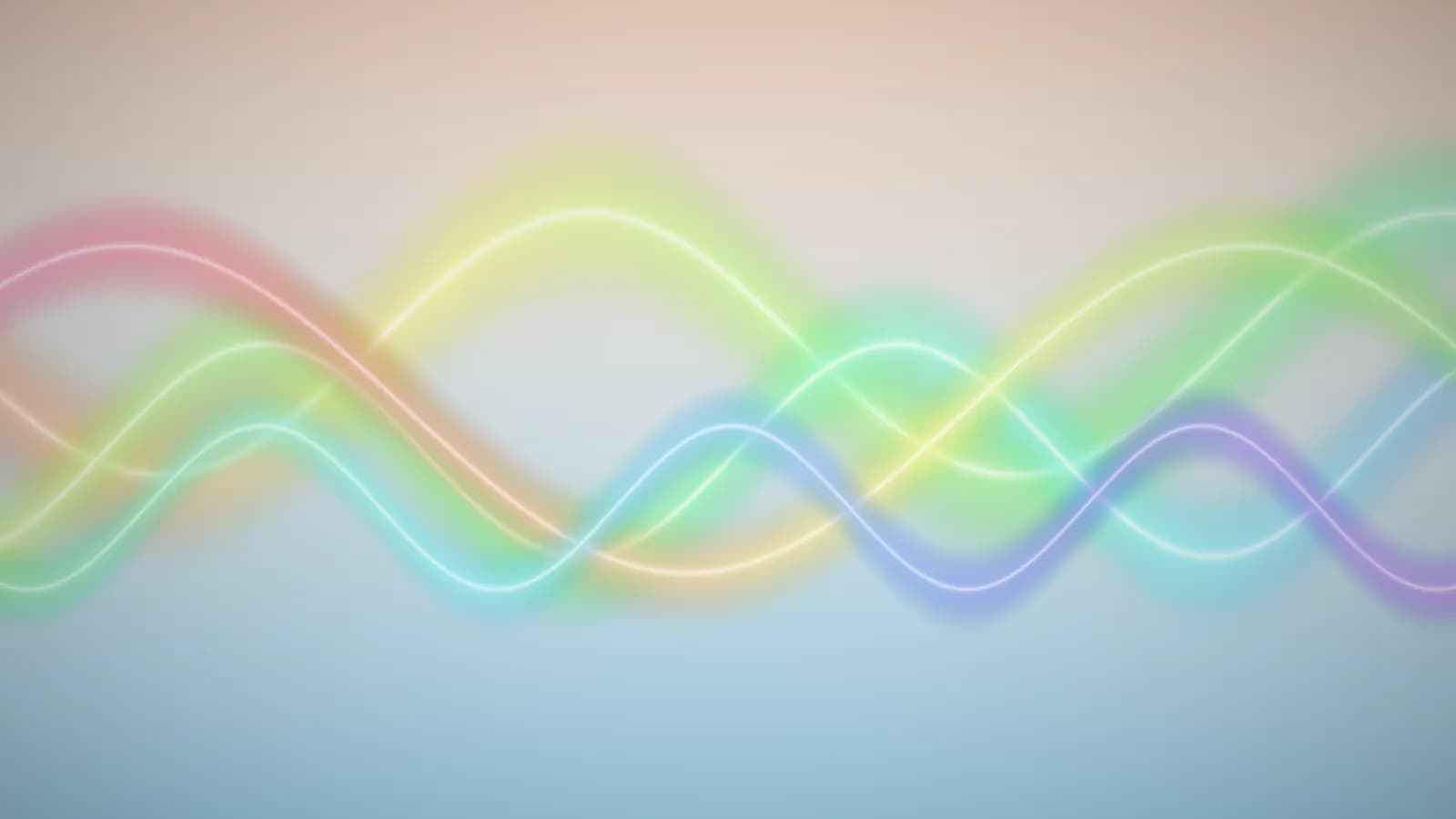 Iridescent ribbons of light over a peach and sky gradient