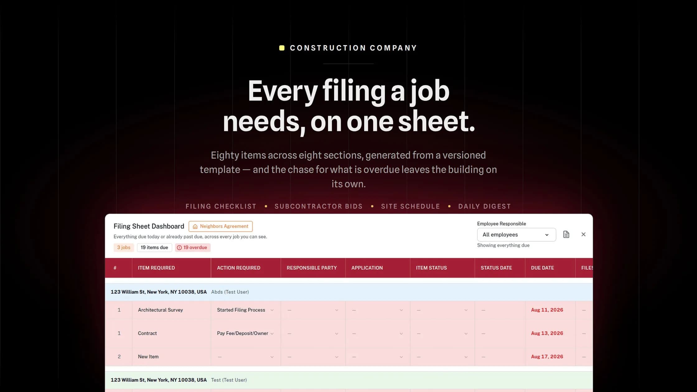 Poster: "Every filing a job needs, on one sheet", above the filing sheet dashboard rising out of a crimson glow
