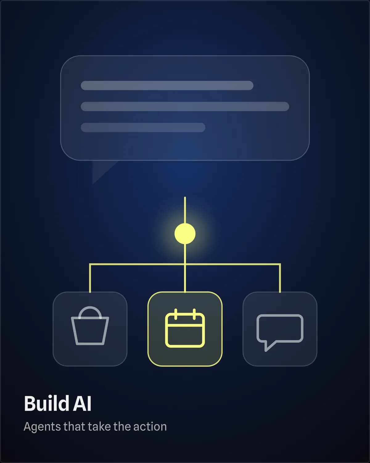 A question in a speech bubble routed down through a lit node into three system tiles, the calendar one lit