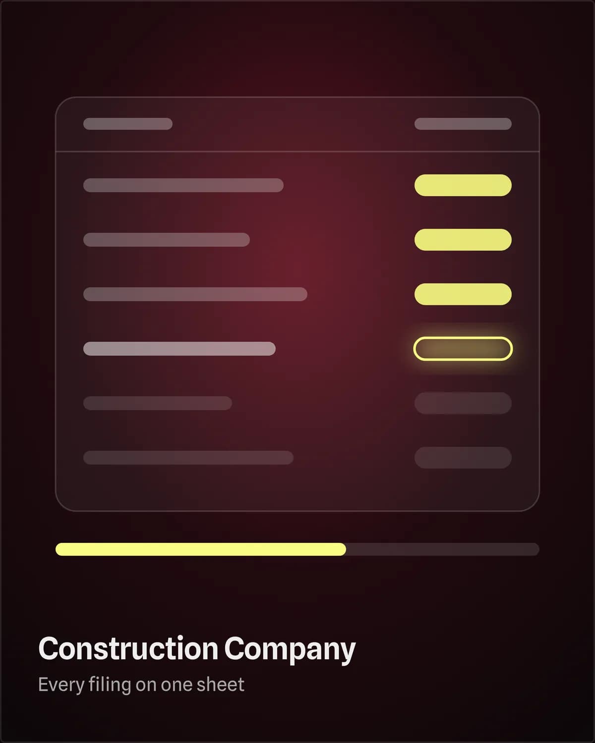 A filing sheet of six rows, three cleared and one in flight, over a progress bar a little past half