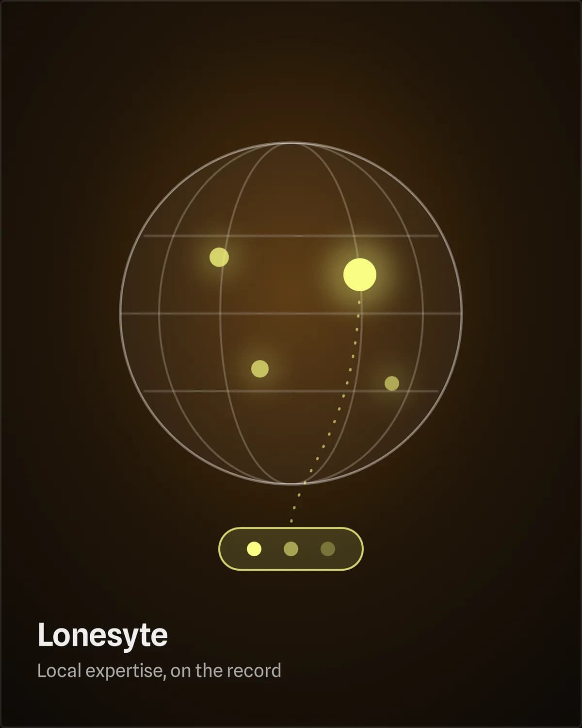 A meridian globe with four lit clusters on it, one of them tracing a dotted line down to a single panel