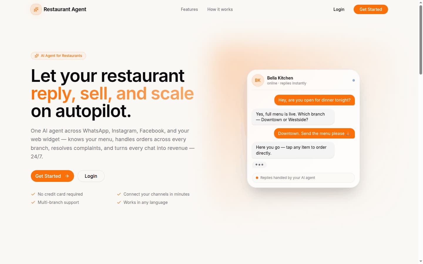Restaurant Agent: a live chat thread in which the AI answers a diner, picks a branch and sends the menu