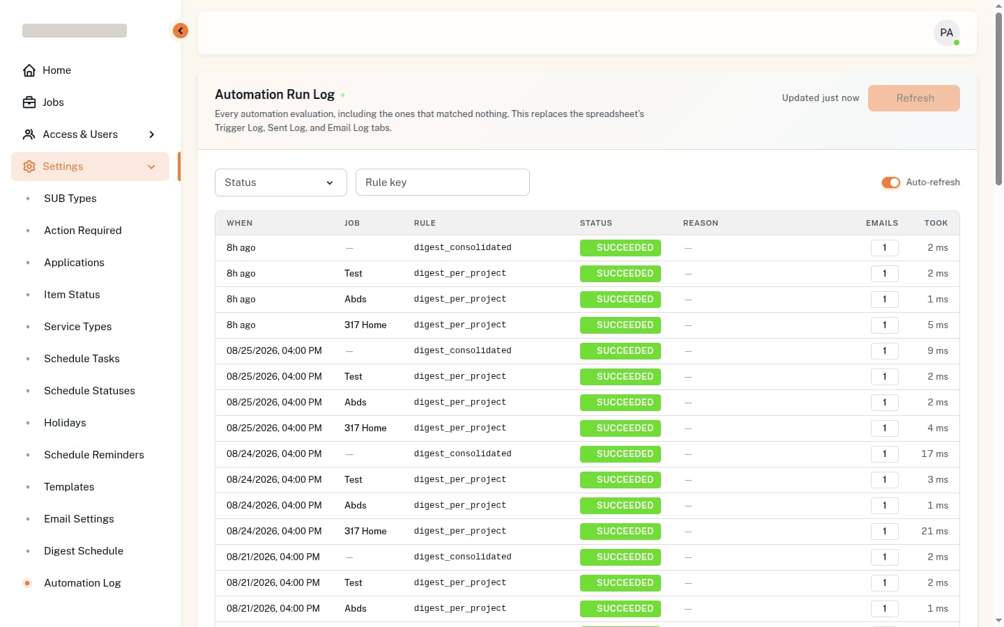 The automation run log, showing every rule evaluation with its status, the reason it skipped, and how long it took