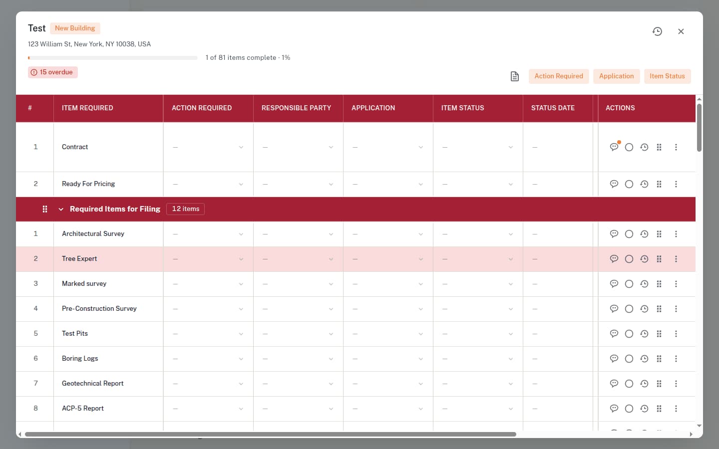 The filing checklist opened full width, its items grouped into sections with action required, responsible party and item status per row