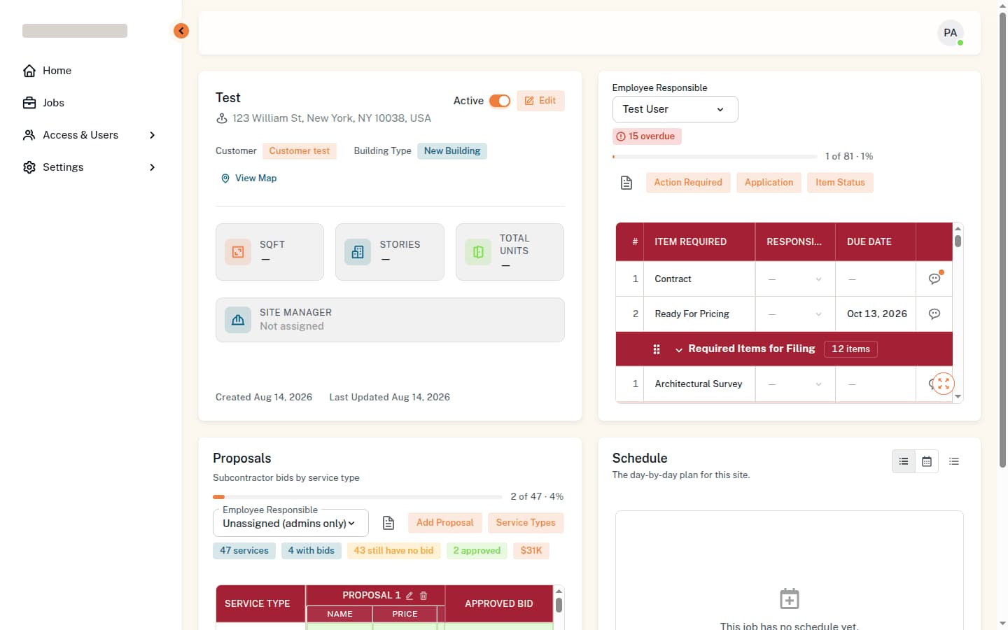 A job page: address, customer and building type beside the checklist, the proposals sheet and the site schedule