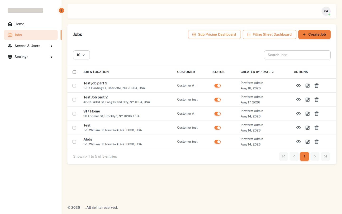 The jobs register, each row carrying the site address, the customer and who opened it