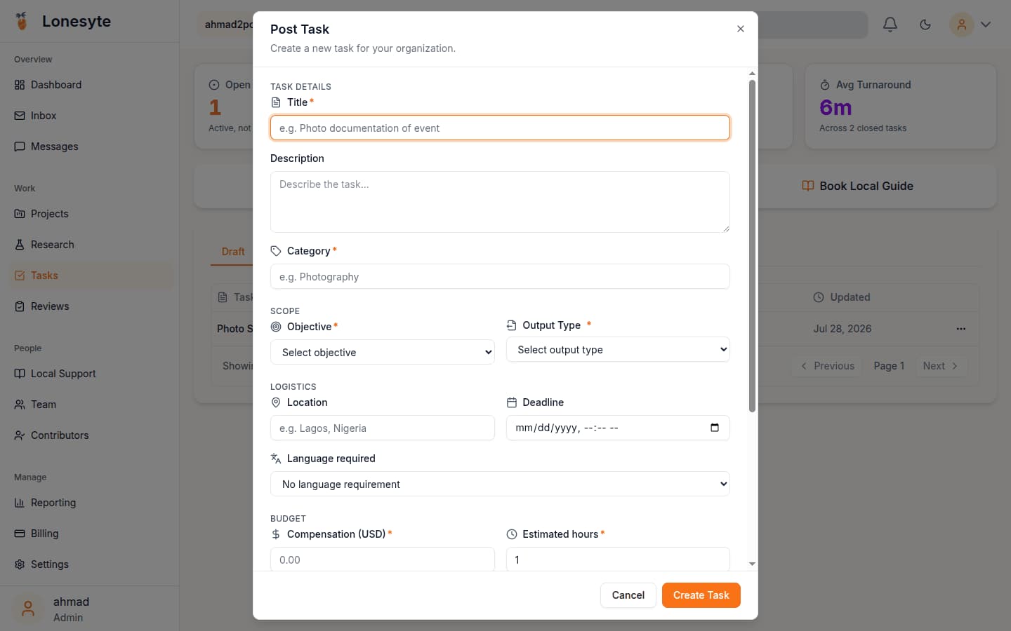 The Post Task dialog, collecting objective, output type, region, deadline, language and budget