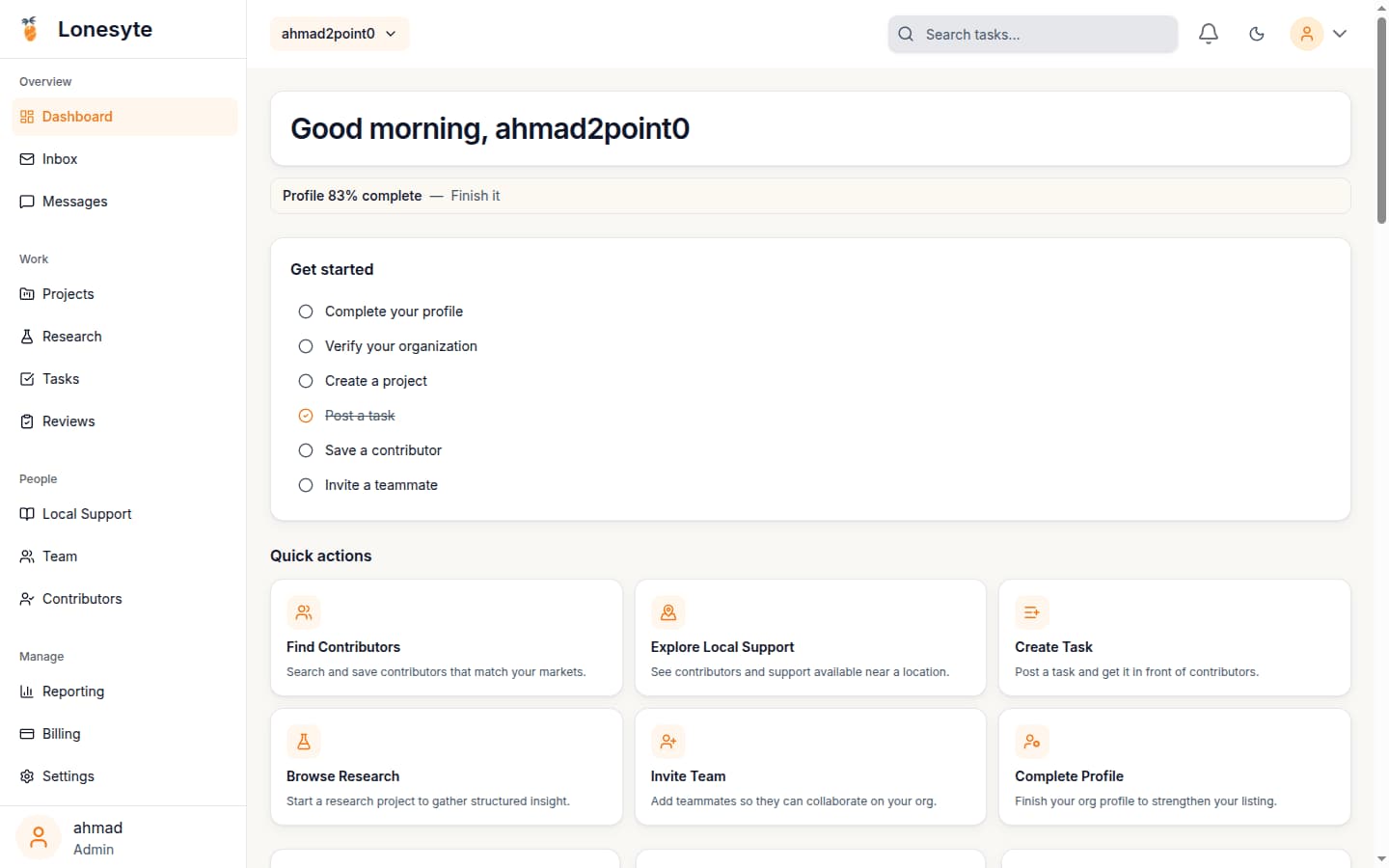 The business dashboard, with an onboarding checklist and quick actions for an organisation
