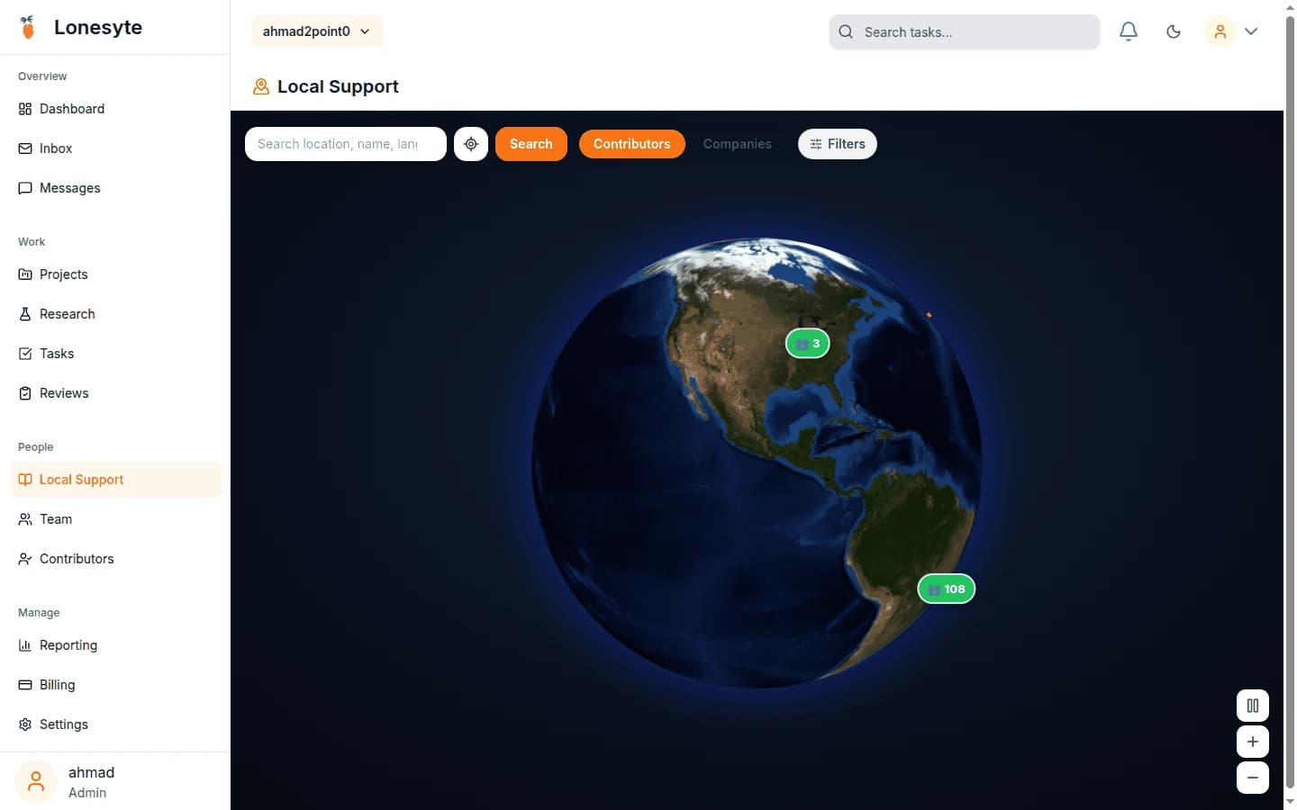 Local Support: a 3D globe with contributor counts clustered over the regions they cover