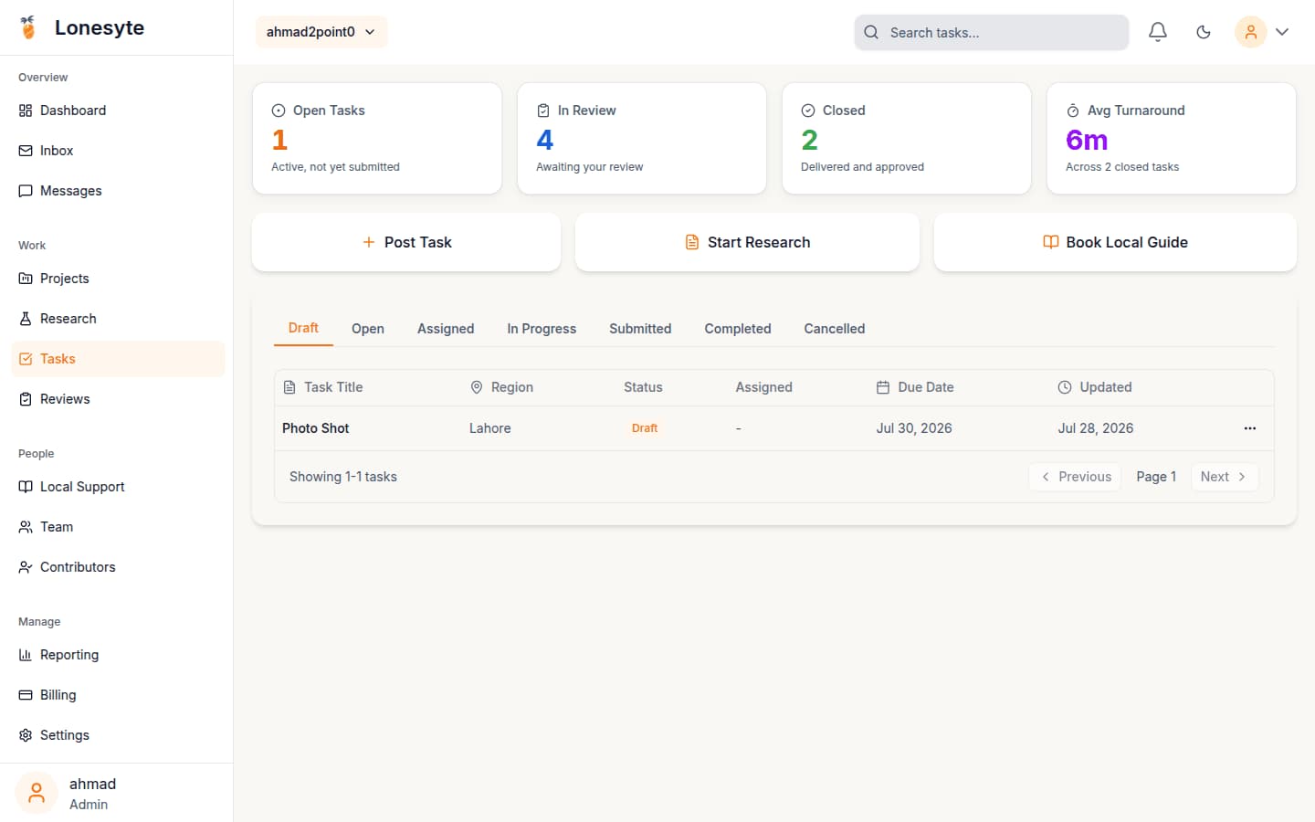 The task board, counting open, in-review and closed tasks against an average turnaround