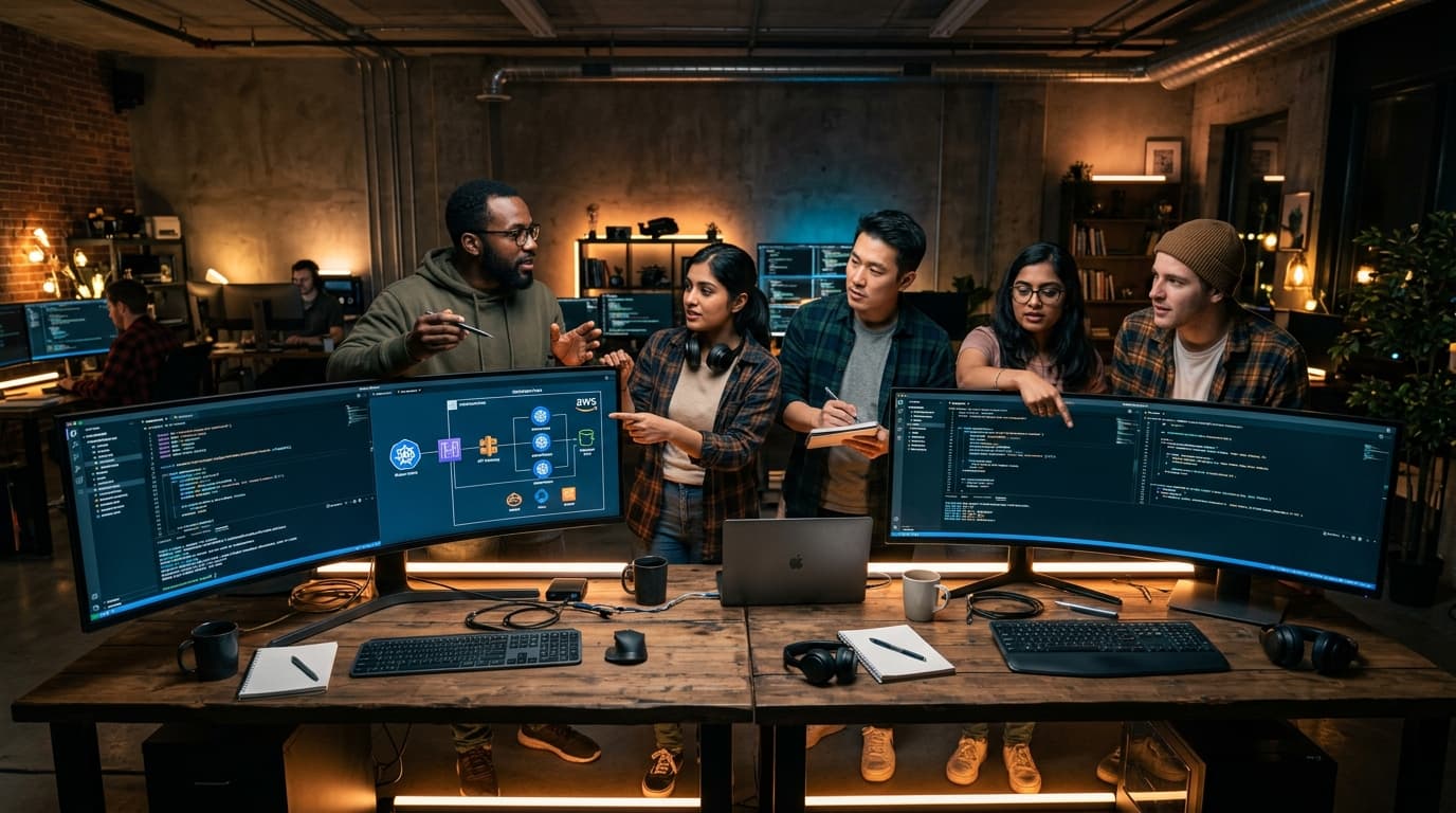 Zarsaaz Solutions software engineering team collaborating on system architecture and code in a modern development studio